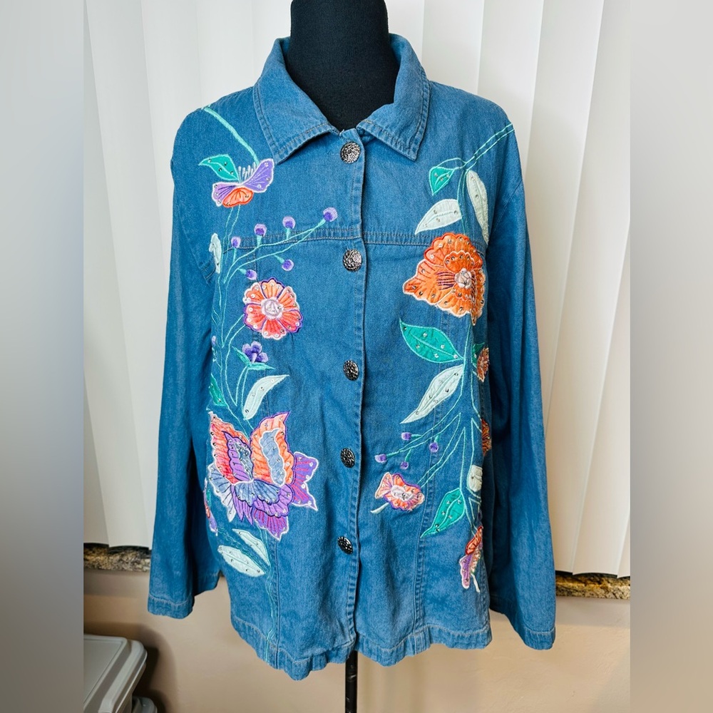 Entice 100% Cotton Floral Embroidered Lightweight Denim Blouse Size Woman 1X